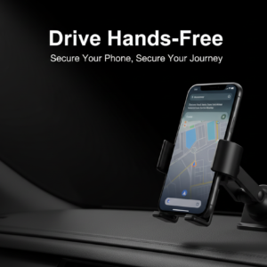 car phone holder with dark background along with headline and subheading