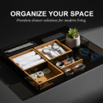 drawer organizer with dark background along with headline and subheading