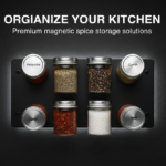magnetic spice rack with dark background along with headline and subheading