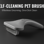 self cleaning pet brush with dark background along with headline and subheading