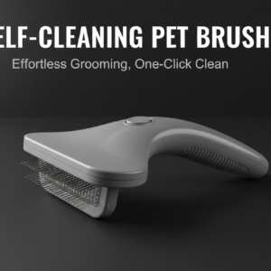 self cleaning pet brush with dark background along with headline and subheading